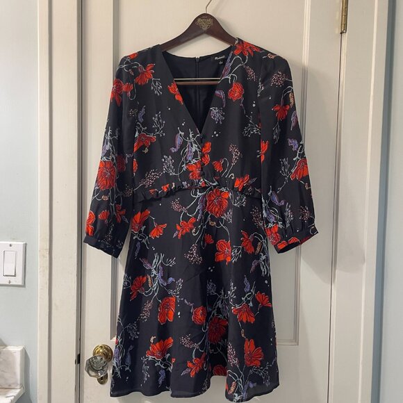 MADEWELL Silk Ruffle-Waist Dress in Windblown Poppies Size 2 - Picture 2 of 7